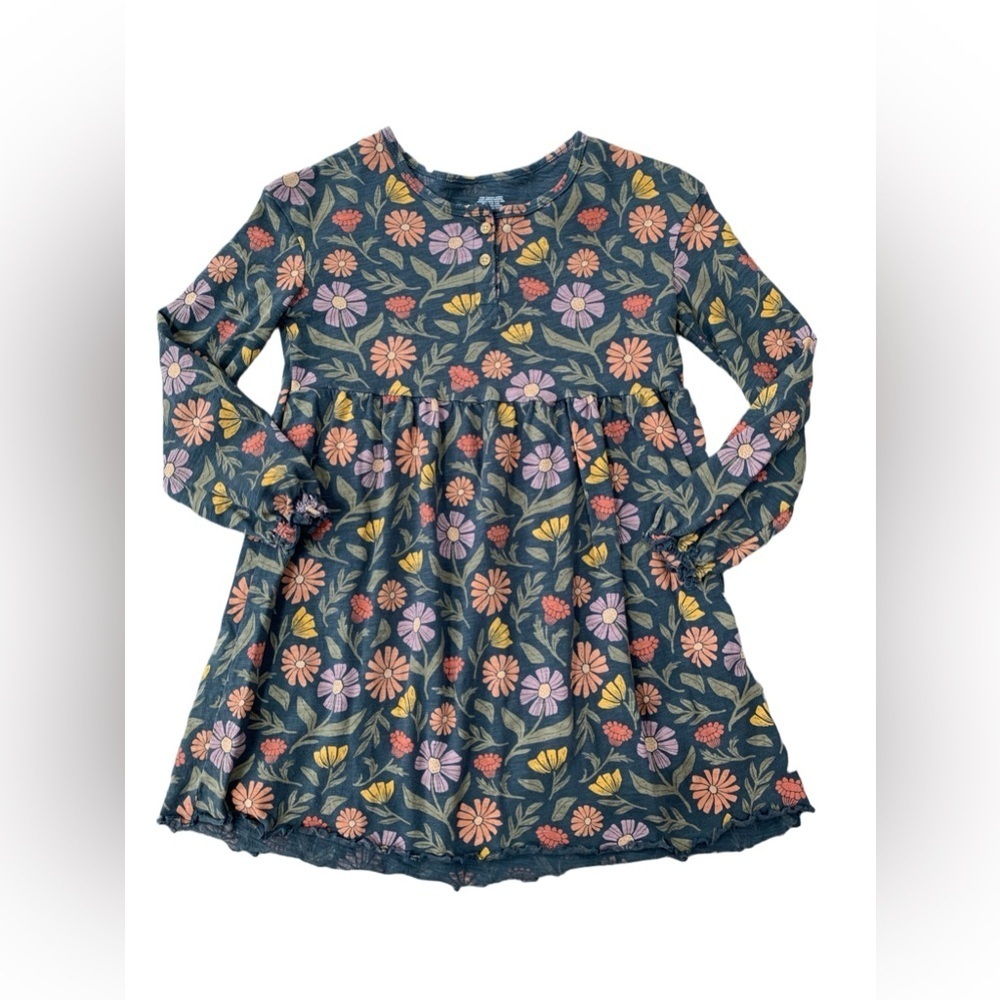 Little Co. Size 7 Fall Floral Lettuce Edge Long Sleeve Organic Dress